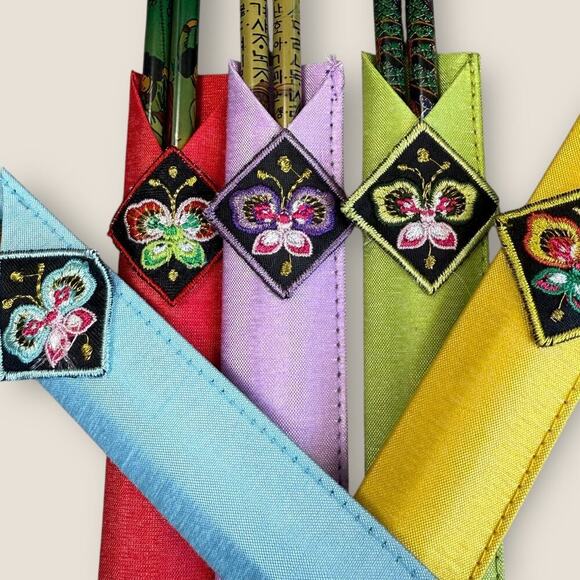 Korean Stainless Chopstick Set of 5 Pairs Painted With Embroidered Holder New - Picture 7 of 8